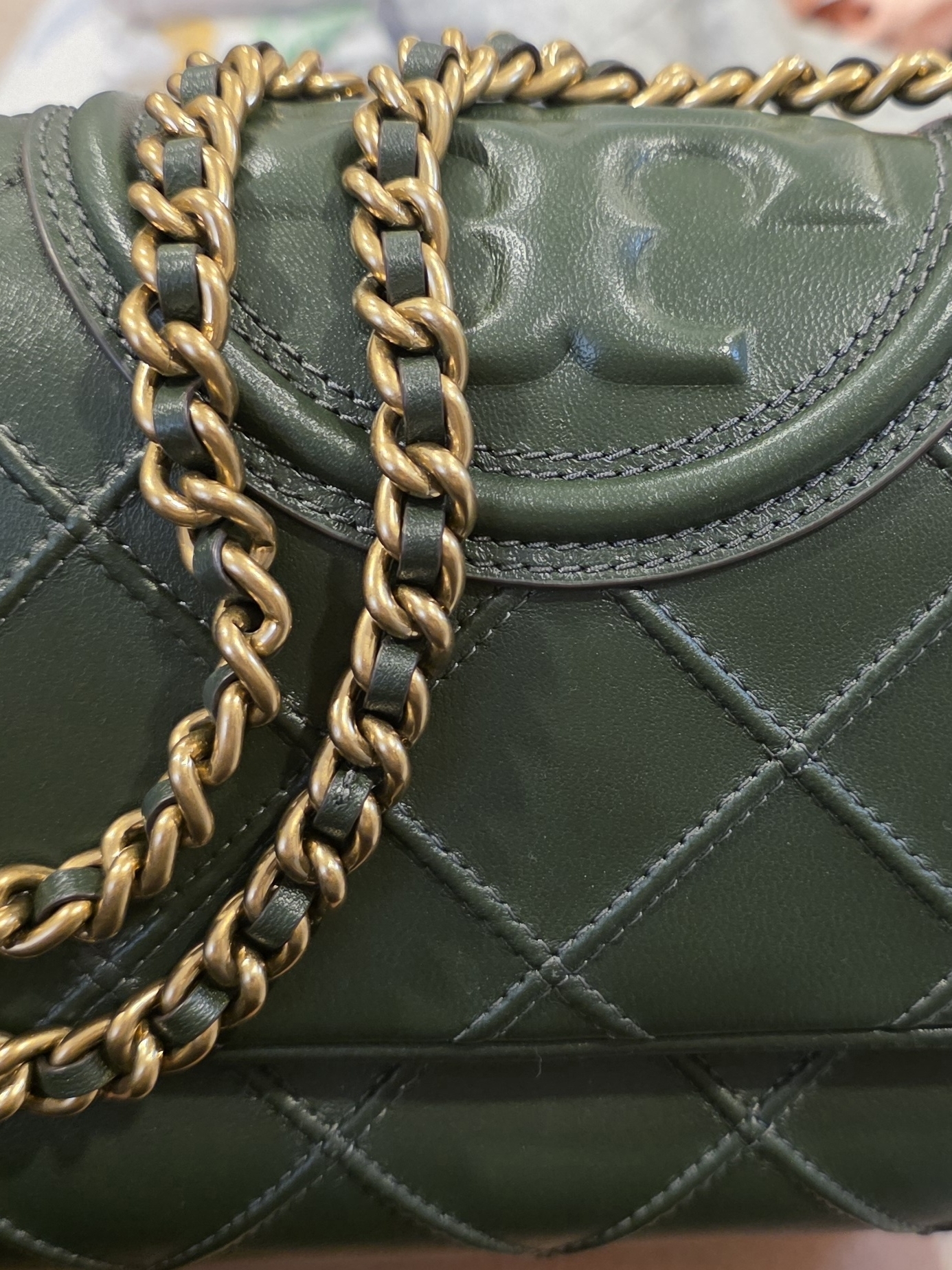Tory Burch Forest Green Quilted Leather Shoulder Bag With Gold Chain